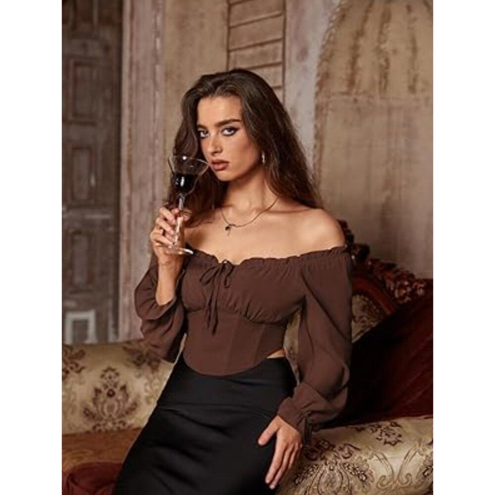 Vintage Corset Tops for Women Renaissance Blouse Off Shoulder Long Sleeve Top S - Picture 4 of 5